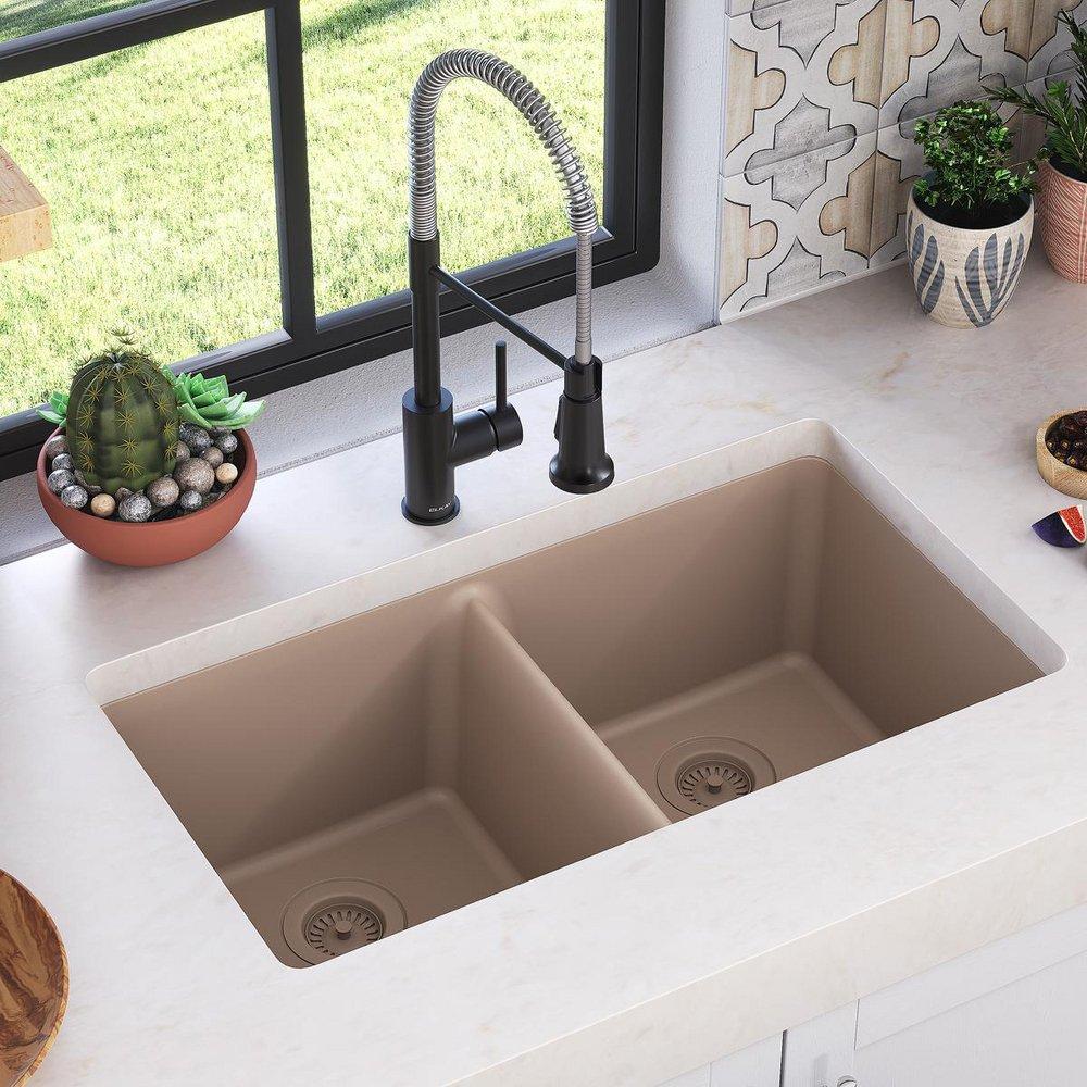 ELKAY QUARTZ LUXE 33 X 18-1/2 X 9-1/2 EQUAL DOUBLE BOWL UNDERMOUNT SINK SANDSTONE 