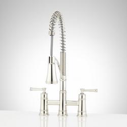 Two Handle Pull Down Bridge Kitchen Faucet in Polished Nickel