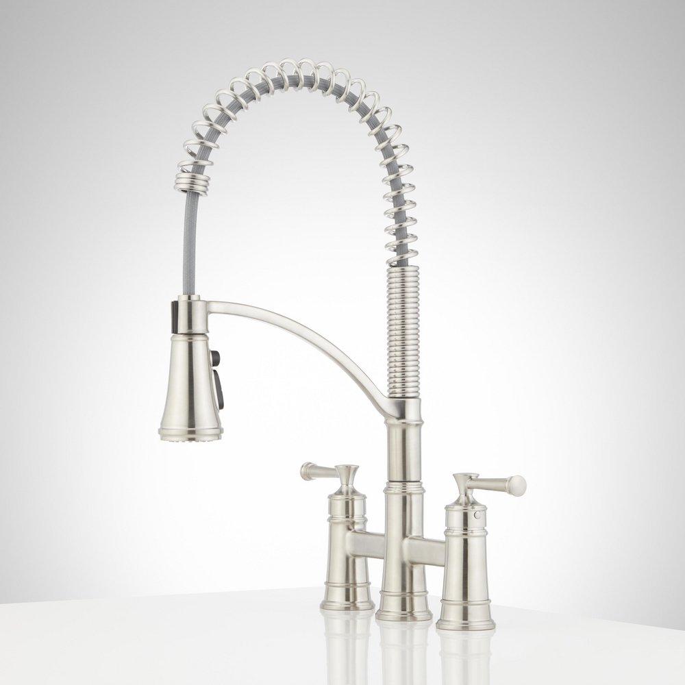 Signature Hardware Stainless Steel Two Handle Pull Down Bridge Kitchen Faucet 