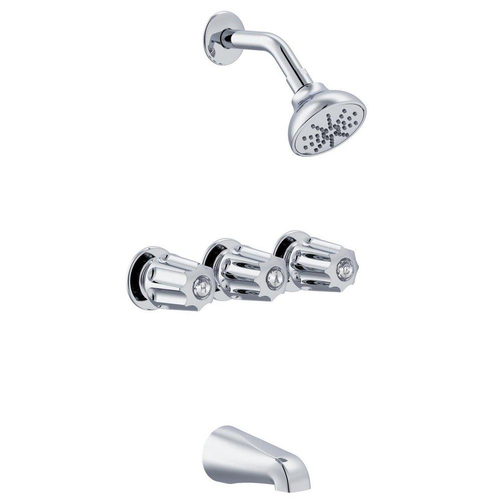 GERBER CLASSICS THREE METAL FLUTED HANDLE SLIDING SLEEVE ESCUTCHEON TUB & SHOWER FITTING WITH IPS/SWEAT CONNECTIONS & THREADED SPOUT 1.75GPM CHROME 
