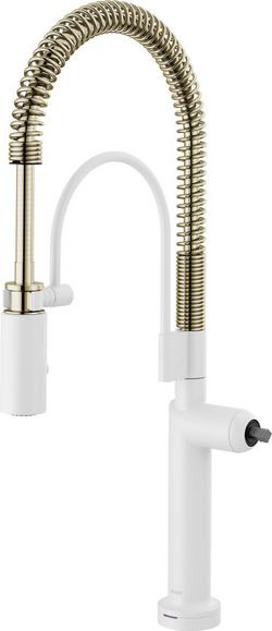 Single Handle Pull Down Kitchen Faucet with Touch Activation in Matte White with Polished Nickel (Handle Sold Separately)