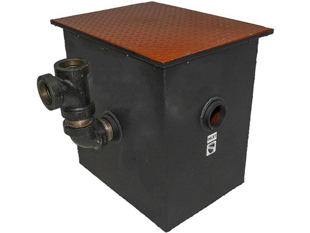 STEEL GREASE SEPARATOR WITH 20 GPM AND 86 LBS OF GREASY SLUDGE CAPACITY; 2" TAPPED INLET AND OUTLET CONNECTIONS 