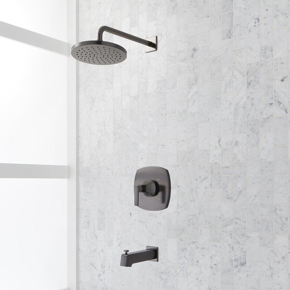 Pressure Balanced Tub and Shower Trim Package in Gunmetal with Rain Shower Head and Tub Spout - Valve Included 