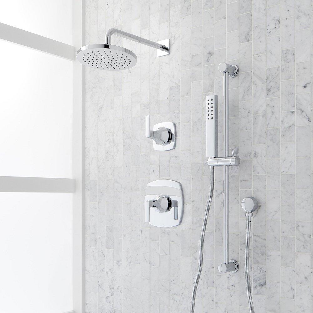 Pressure Balanced Shower System in Chrome with Rain Shower Head, Slide Bar, Hand Shower, Hose, Valve Trim and Diverter - Valve Included 