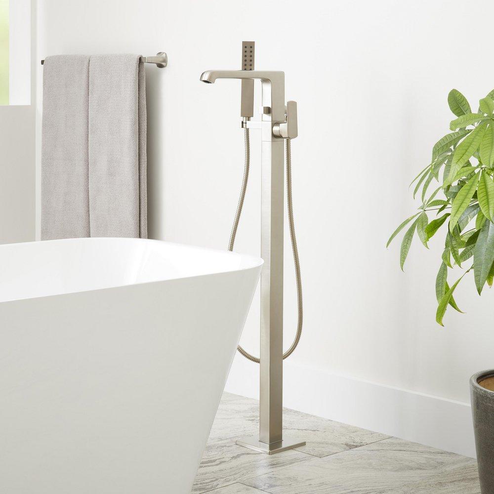 Floor Mount Tub Filler Faucet with Hand Shower in Polished Chrome - Includes Valve, Less Stops 
