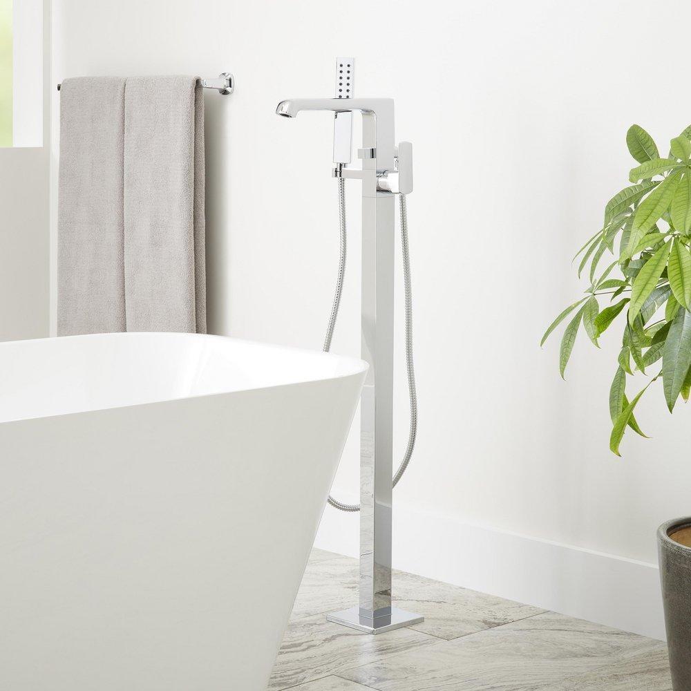 Floor Mount Tub Filler Faucet with Hand Shower in Polished Chrome - Includes Valve with Stops 