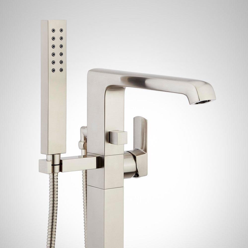 Signature Hardware Brushed Nickel Floor Mount Tub Filler Faucet with Hand Shower - Includes Valve with Stops 