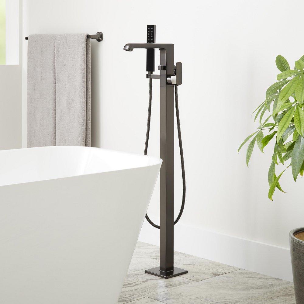 Floor Mount Tub Filler Faucet with Hand Shower in Polished Gunmetal - Includes Valve with Stops 