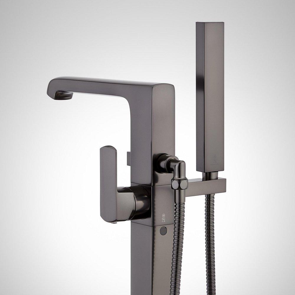 Floor Mount Tub Filler Faucet with Hand Shower in Polished Gunmetal - Includes Valve with Stops 