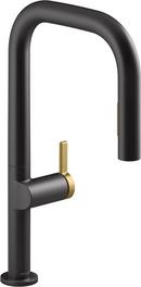 Single Handle Pull Down Kitchen Faucet in Matte Black with Moderne Brass 