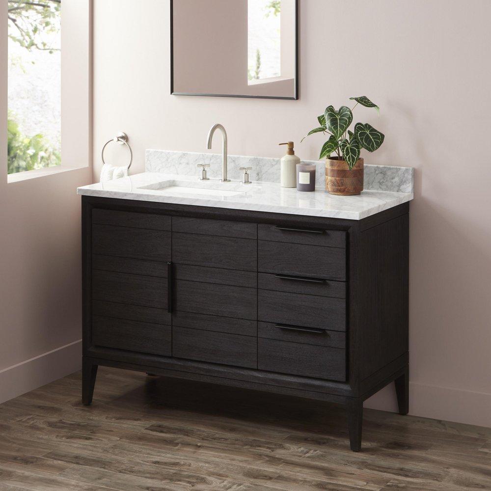 48 ALISO TEAK VANITY LEFT OFFSET RECT UNDERMOUNT SINK - CHARRED TIMBER BLACK - CARRARA - WIDESPREAD 
