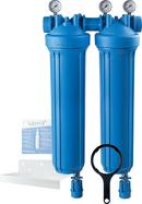 KIT - DP BIG DUO - DOUBLE 4.5X20 - BLUE SUMPS - 1 NPT - 3 GAUGES & 2 DRAIN KITS - LEAD-FREE BRASS INSERTS - DOUBLE-FOLD WHITE BRACKET & WRENCH 