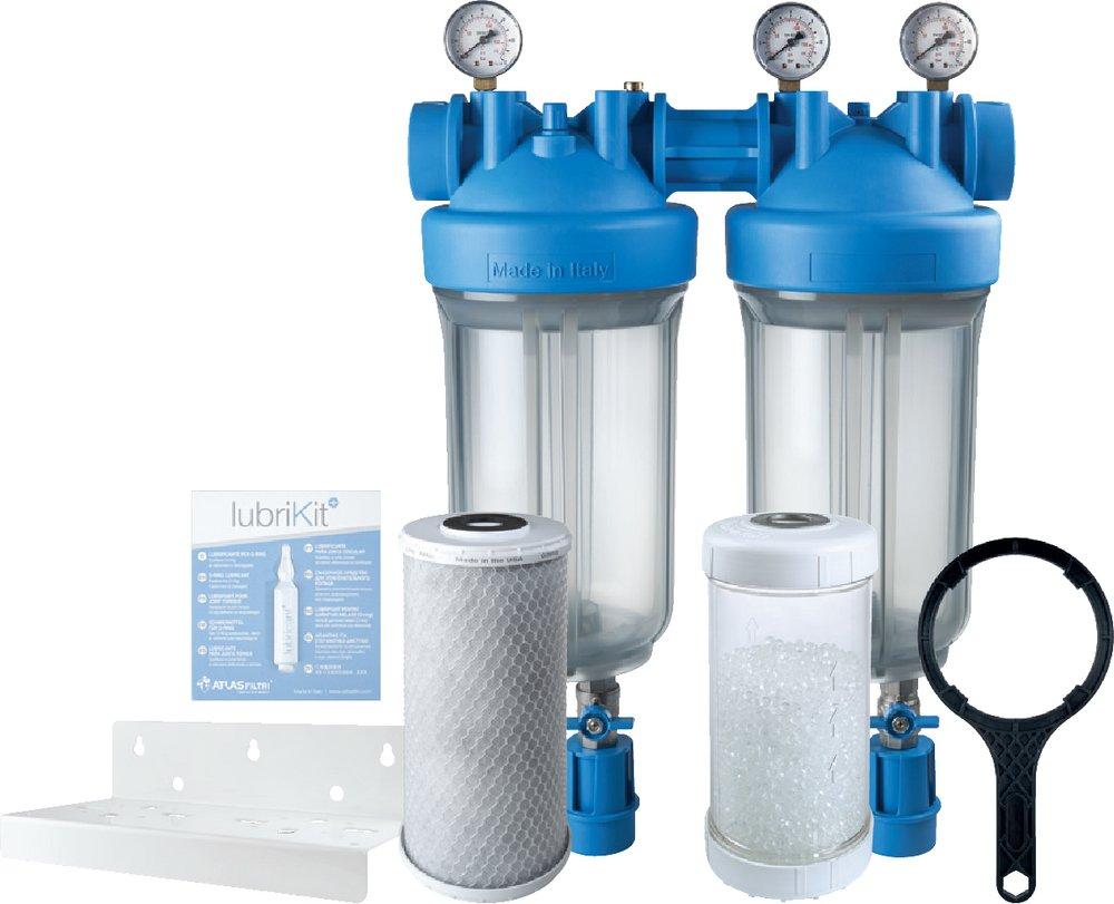 SOLUTION - DP BIG DUO - DOUBLE 4.5X10 - CLEAR SUMPS - 1 NPT - LEAD-FREE BRASS INSERTS 3 GAUGES AND 2 DRAIN KITS - L-SHAPED WHITE BRACKET & WRENCH - 1 CARBON CTO 5 MICRON AND 1 CANISTER WITH 12 OZ. OF 