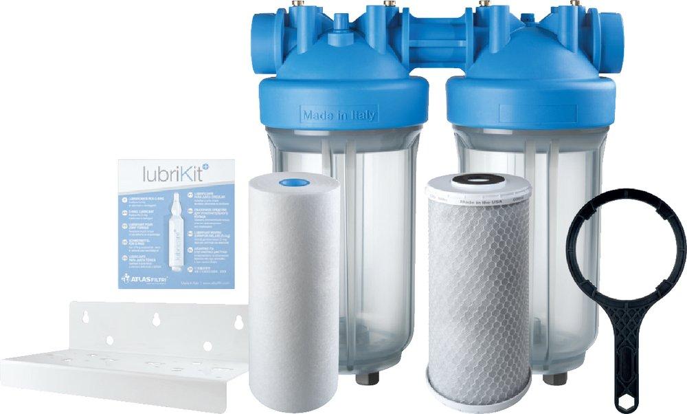 SOLUTION - DP BIG DUO - DOUBLE 4.5X10 - CLEAR SUMPS - 1 NPT - GAUGES & DRAIN PORTS - BRACKET & 1 WRENCH - 1 CARBON CTO & 1 SEDIMENT-SCALEARMOR 5 MICRON CARTRIDGE 