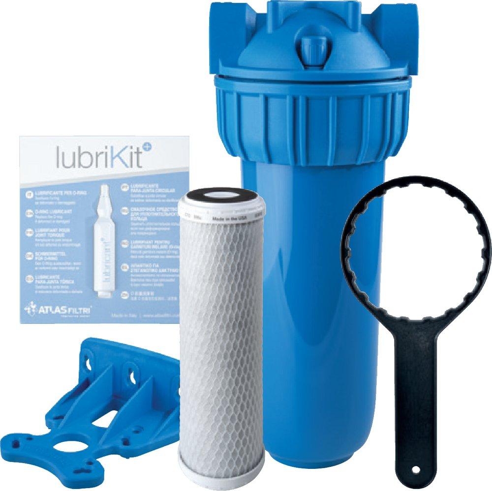 SOLUTION - 3P FILTER W/ COLLAR - SINGLE 2.5X10 - BLUE SUMP - 3/8 NPT - BRACKET & WRENCH - 1 CARBON CTO 5 MICRON CARTRIDGE 