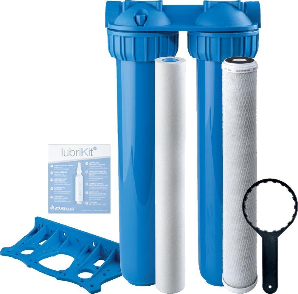 SOLUTION - 3P FILTER W/ COLLAR - DOUBLE 2.5X20 - BLUE SUMP - 3/4 NPT - BRACKET & WRENCH - 1 SEDIMENT CARTRIDGE WITH SCALEARMOR & 1 CARBON CTO 5 MICRON CARTRIDGE 