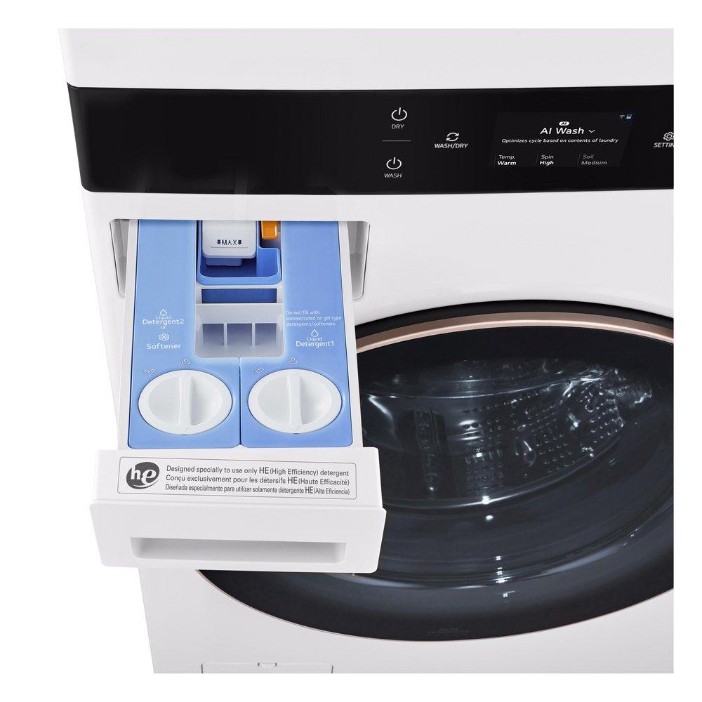 LG STUDIO 5.0 CU.FT. WASHER 7.4 CU.FT. ELECTRIC DRYER STUDIO WASHTOWER WITH CENTER CONTROL NOBLE STEEL AIDD 2.0 LCD AUTO DISPENSE ESSENCE WHITE 