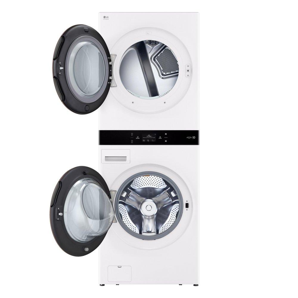 LG STUDIO 5.0 CU.FT. WASHER 7.4 CU.FT. GAS DRYER STUDIO WASHTOWER WITH CENTER CONTROL NOBLE STEEL AIDD 2.0 LCD AUTO DISPENSE ESSENCE WHITE 