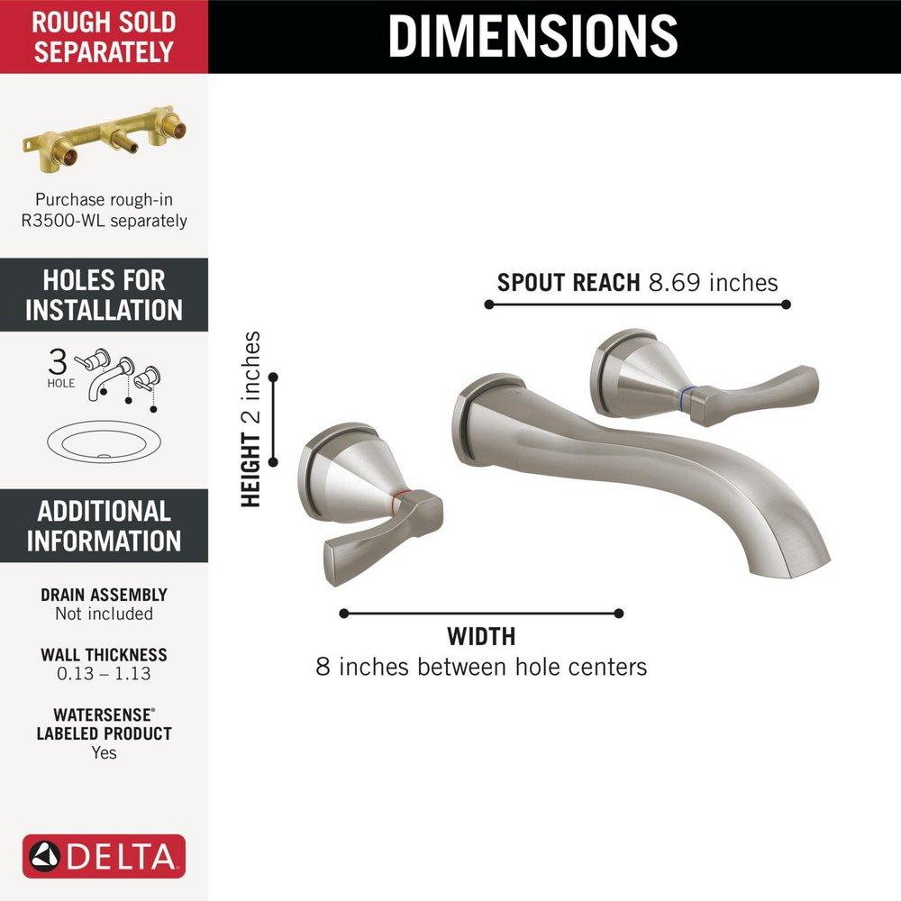 Two Handle Wall Mount Widespread Bathroom Sink Faucet in Lumicoat Stainless 