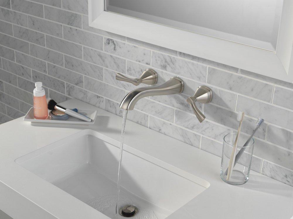 Two Handle Wall Mount Widespread Bathroom Sink Faucet in Lumicoat Stainless 