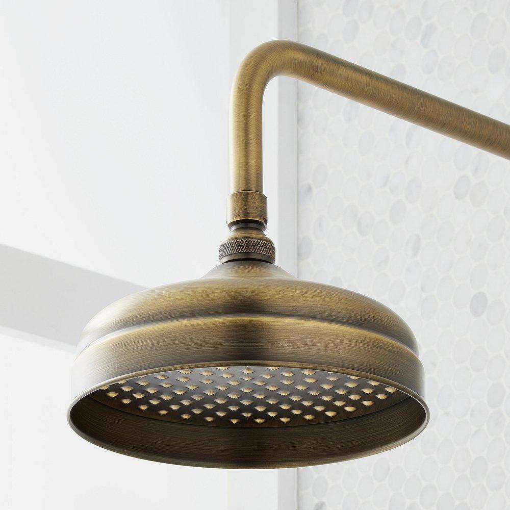 Signature Hardware Aged Brass Two Handle Exposed Pipe Shower with Rainfall Showerhead 
