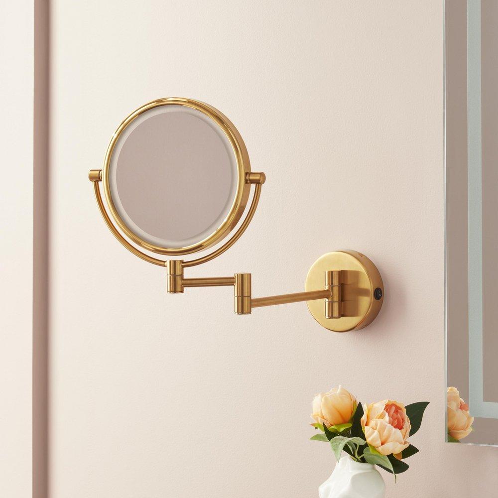 Double-Sided Wall Mount Magnifying Mirror in Brushed Gold 