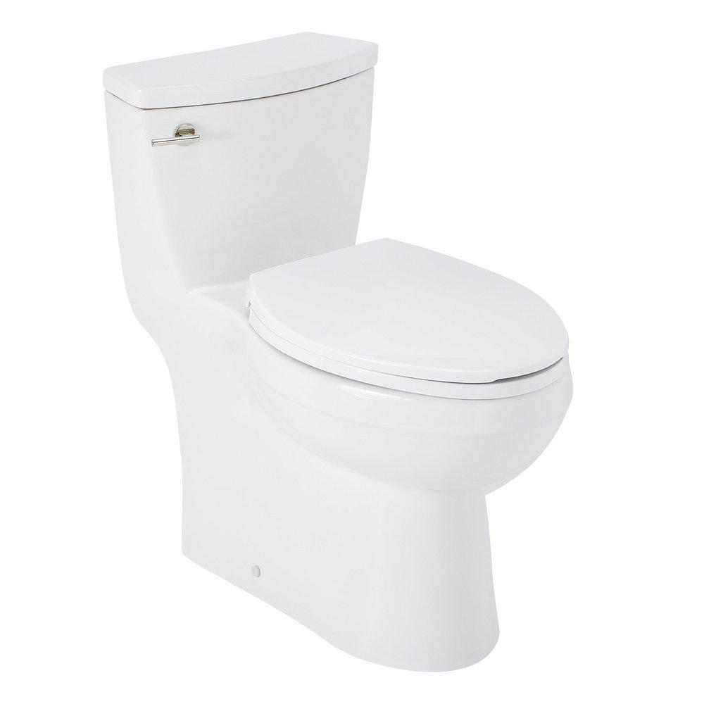 1.28 gpf Elongated One Piece Skirted Toilet in White - Includes Lever in Polished Nickel 