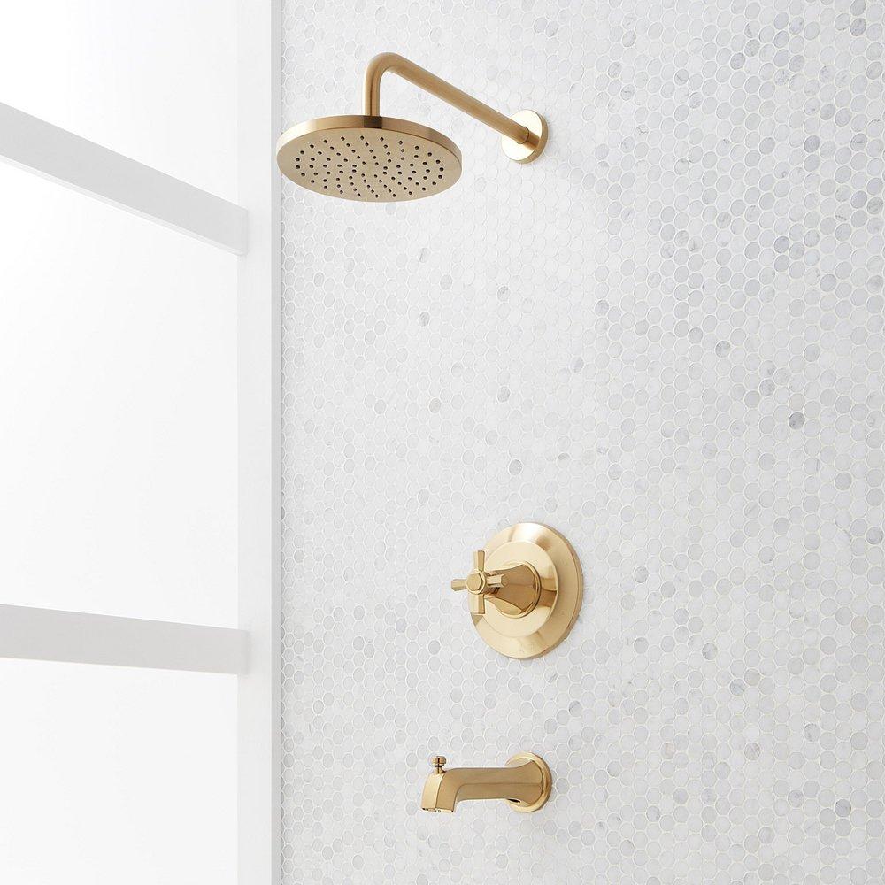 ELITA PRESSURE BALANCE TUB AND SHOWER SYSTEM - CROSS HANDLE - BRUSHED GOLD 