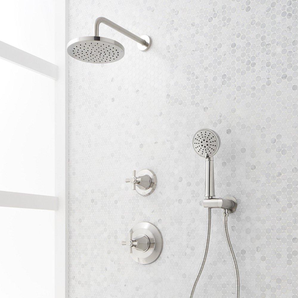 ELITA PRESSURE BALANCE SHOWER SYSTEM WITH HAND SHOWER - CROSS HANDLES - BRUSHED NICKEL 