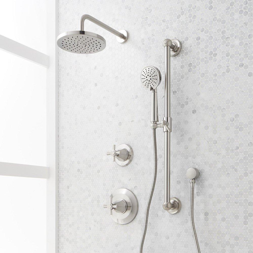 ELITA PRESSURE BALANCE SHOWER SYSTEM WITH SLIDE BAR AND HAND SHOWER - CROSS HANDLES - BRUSHED NICKEL 