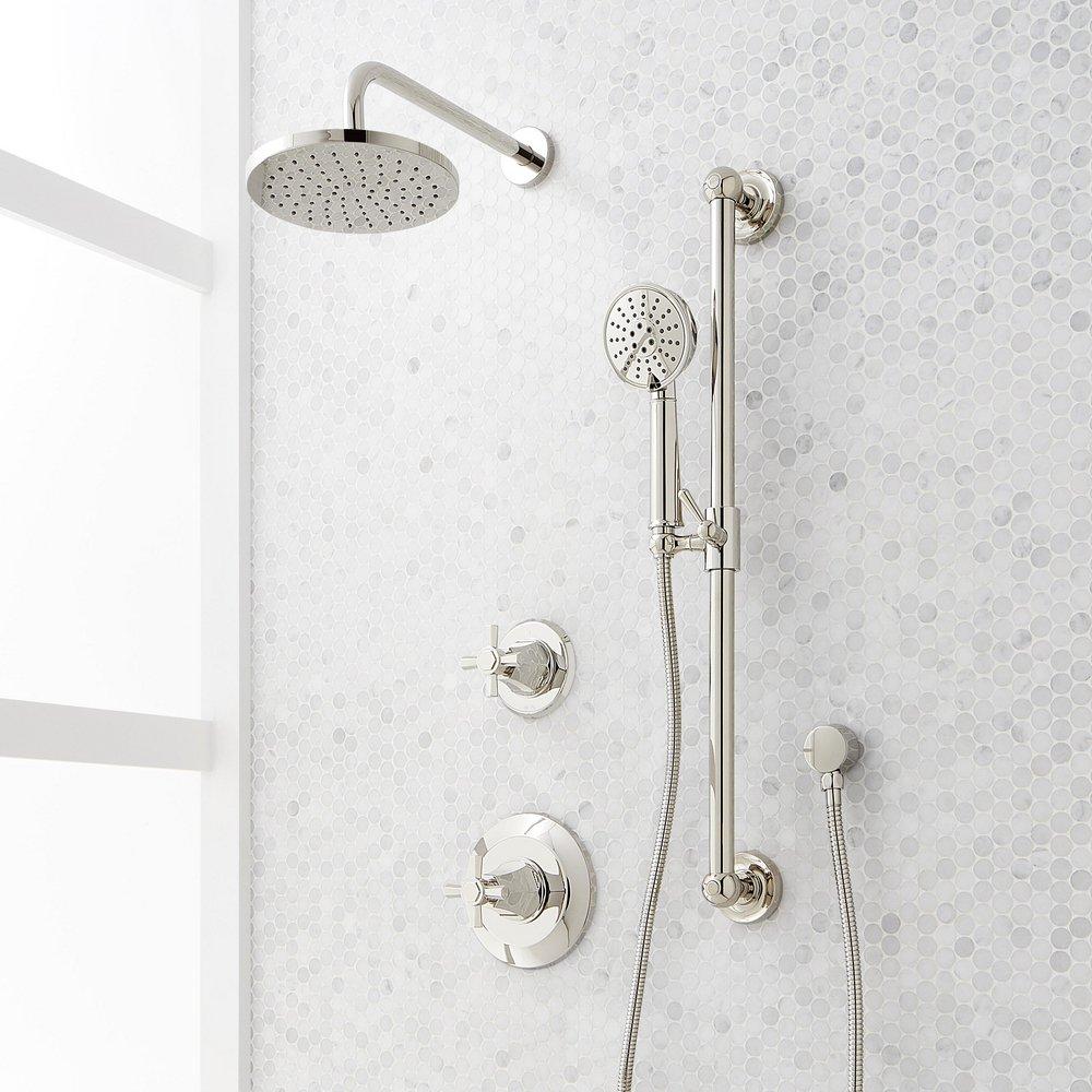 ELITA PRESSURE BALANCE SHOWER SYSTEM WITH SLIDE BAR AND HAND SHOWER - CROSS HANDLE - POLISHED NICKEL 