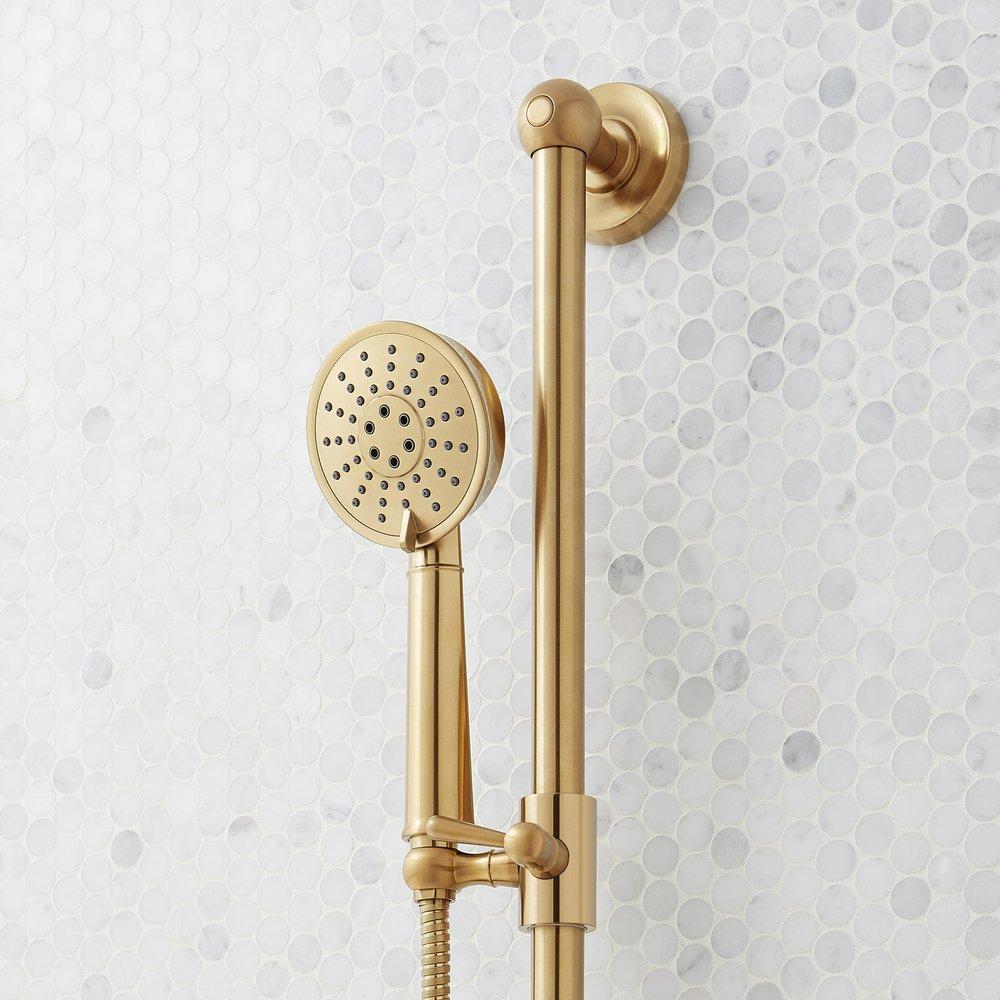 ELITA PRESSURE BALANCE SHOWER SYSTEM WITH SLIDE BAR AND HAND SHOWER - CROSS HANDLES - BRUSHED GOLD 