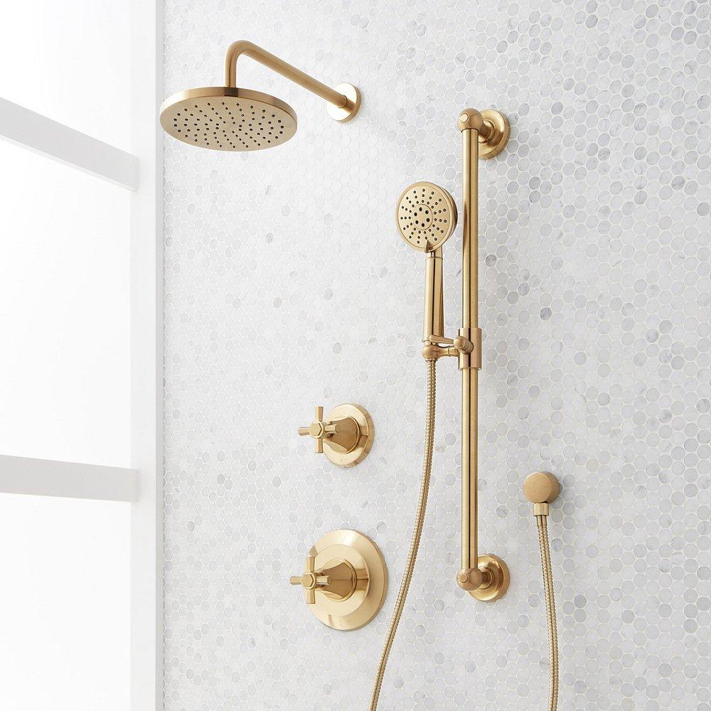 ELITA PRESSURE BALANCE SHOWER SYSTEM WITH SLIDE BAR AND HAND SHOWER - CROSS HANDLES - BRUSHED GOLD 