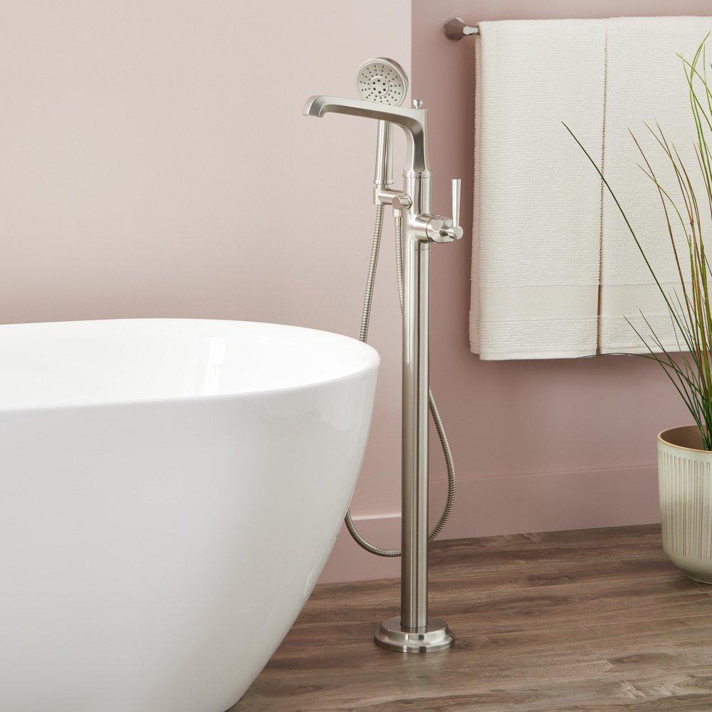 ELITA FREESTANDING TUB FAUCET WITH HAND SHOWER AND ROUGH-IN VALVE WITH STOPS - LEVER-BRUSHED NICKEL 