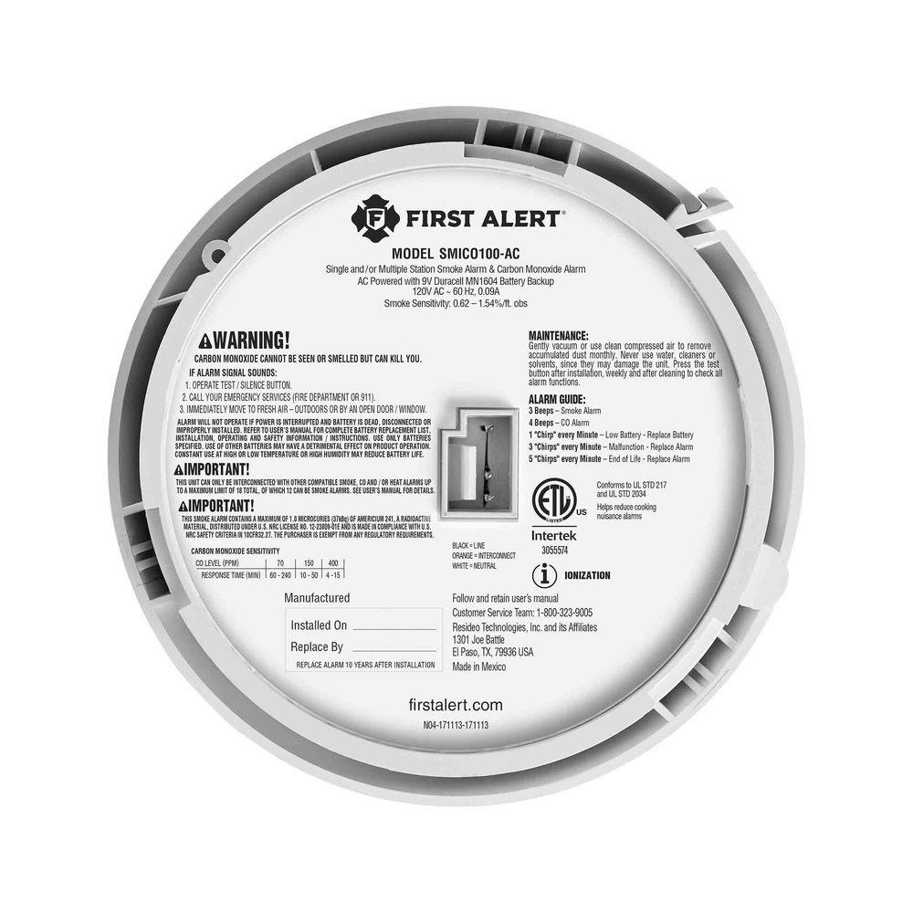 Hardwired AC/DC Smoke & Carbon Monoxide Combo Alarm with 9V Battery Backup 
