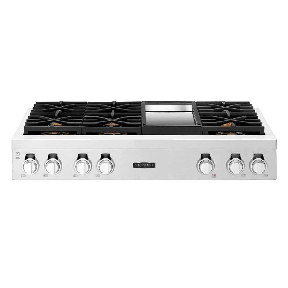 48 GAS PRO RANGETOP CHROMIUM GRIDDLE 6 BURNERS 3 DUAL AND 3 STACK BURNERS AND HEAVY-DUTY CAST IRON GRATES SABBATH MODE 