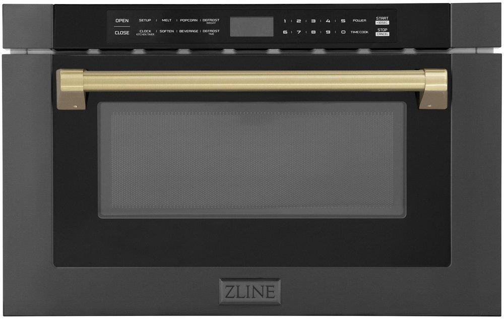 CCY BUILT IN MICROWAVE DRAWER 24 BLACK STAINLESS STEEL WITH CHAMPAGNE BRONZE ACCENT 1.2 1000W AUTOGRAPH EDITION 