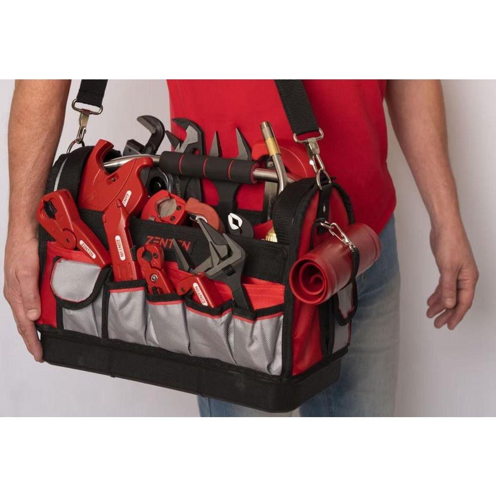 Red and Black Professional 16" Tool Bag with Shoulder Strap and Multiple Pockets 