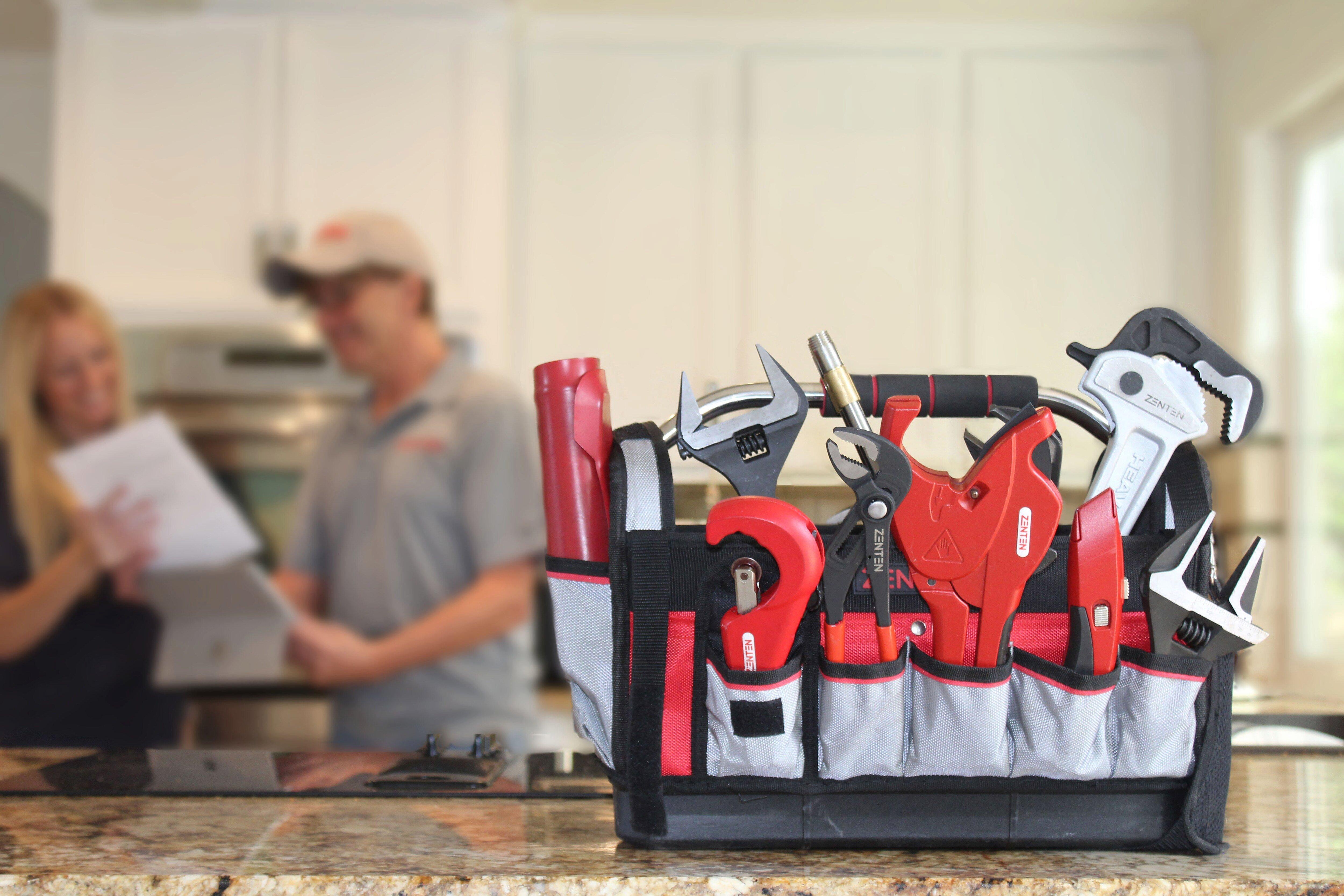 Red and Black Professional 16" Tool Bag with Shoulder Strap and Multiple Pockets 