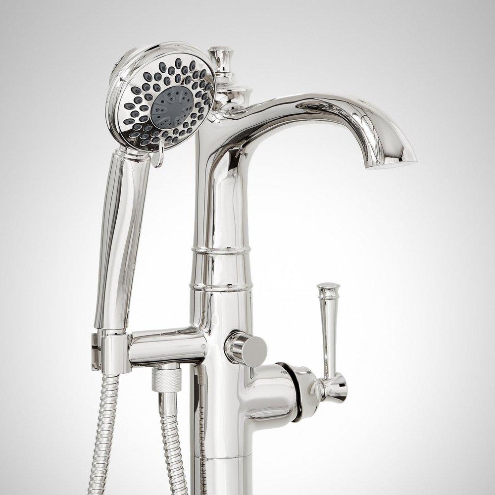 Signature Hardware Chrome Floor Mount Tub Filler Faucet - Includes Hand Shower and Valve, Less Stops 