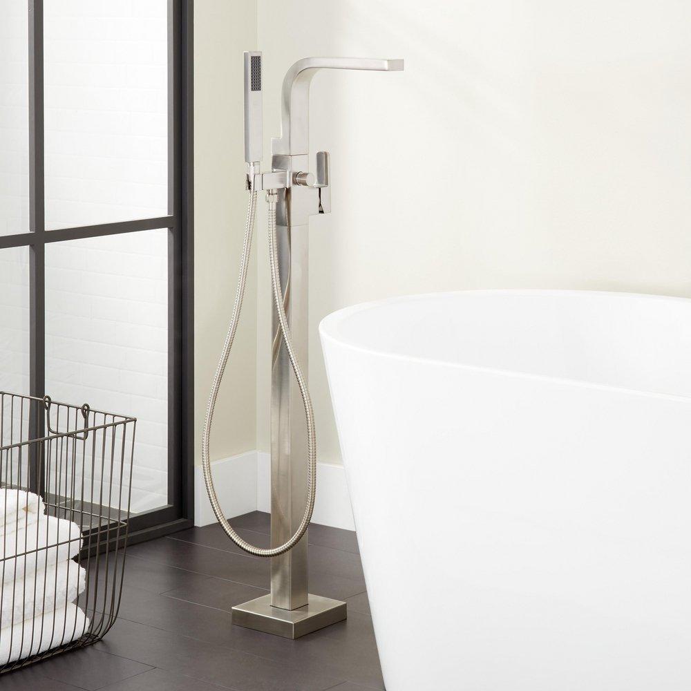 Floor Mount Tub Filler Faucet in Brushed Nickel - Includes Hand Shower and Valve, Less Stops image number 2