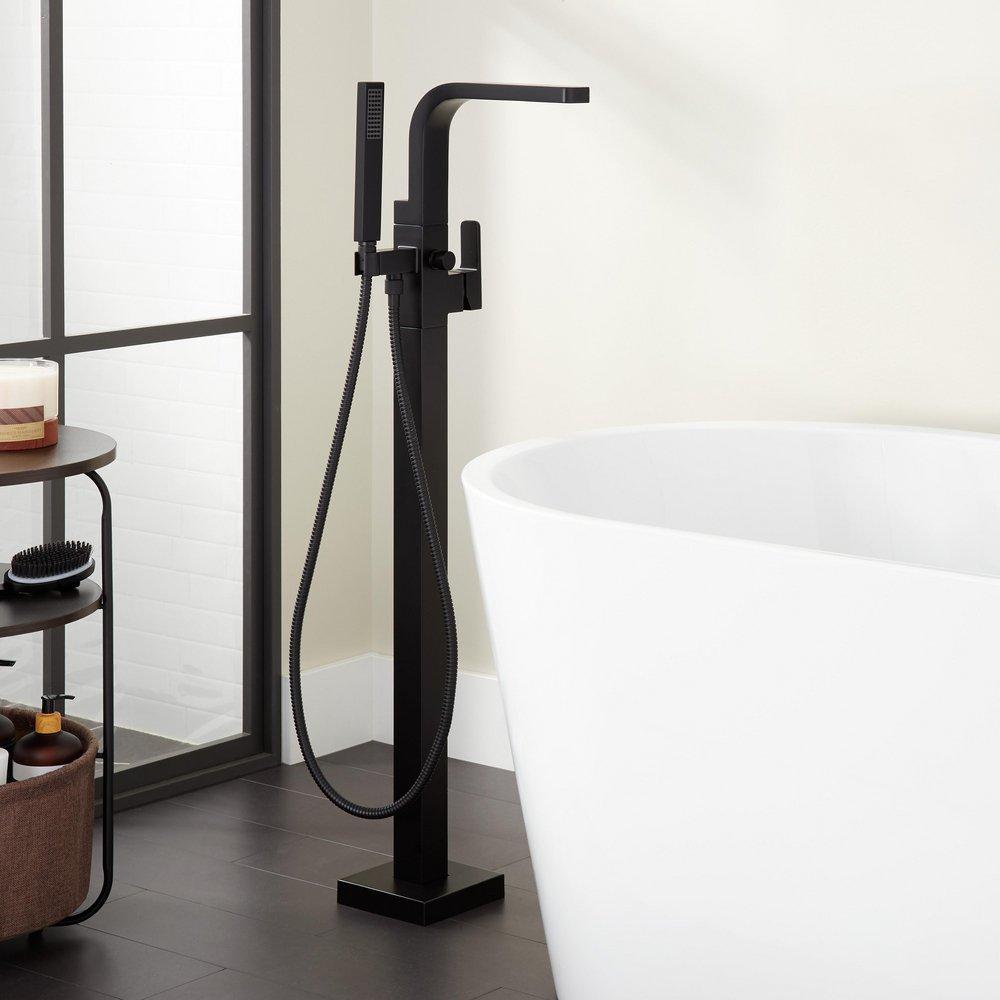 Floor Mount Tub Filler Faucet in Matte Black - Includes Hand Shower and Valve, Less Stops image number 2
