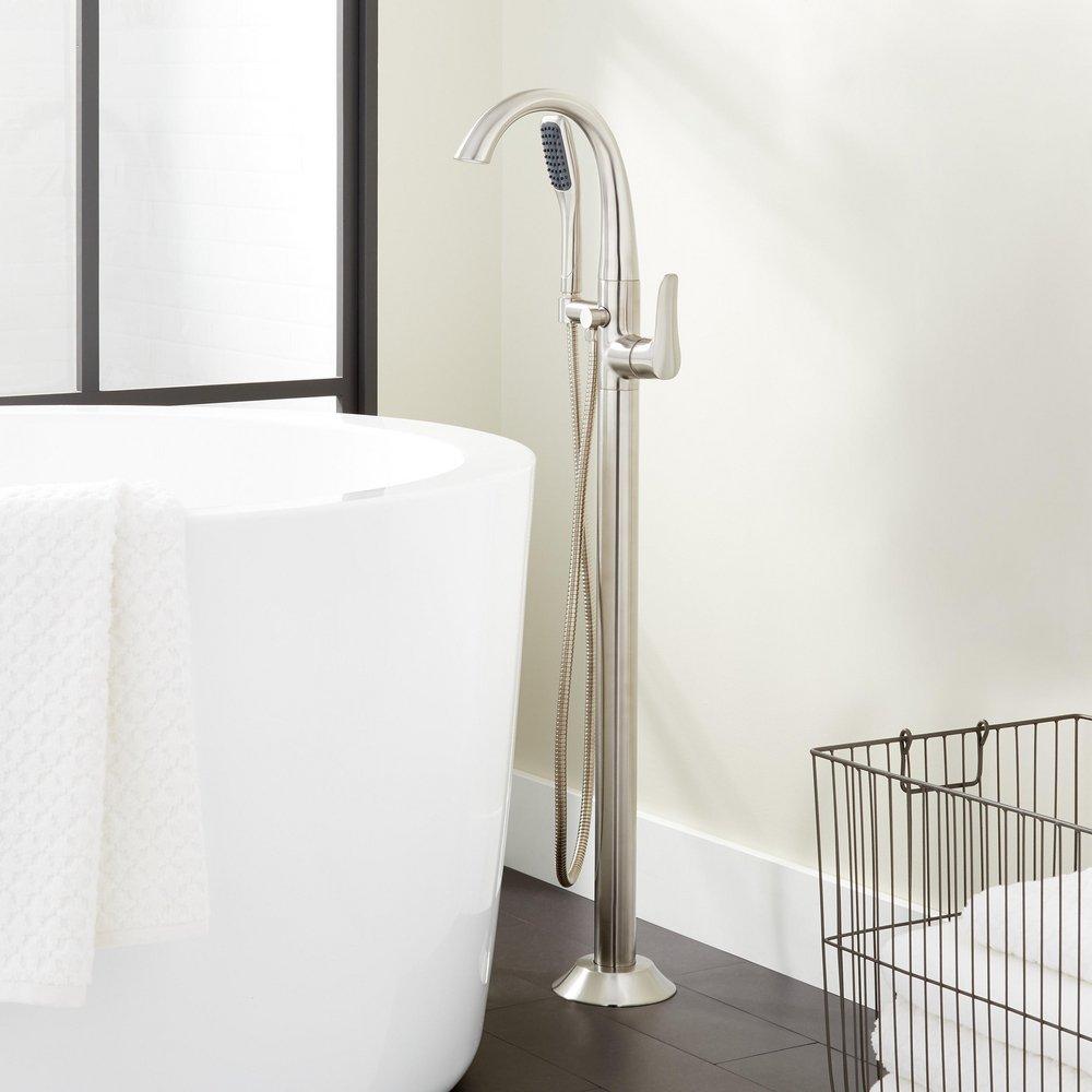 Floor Mount Tub Filler Faucet in Brushed Nickel - Includes Hand Shower and Valve, Less Stops image number 1