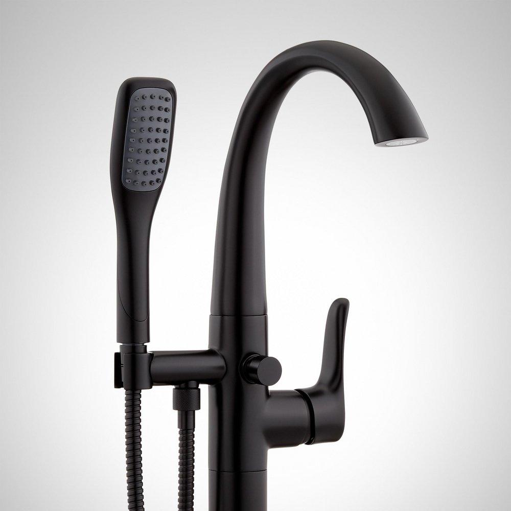 Signature Hardware Matte Black Floor Mount Tub Filler Faucet - Includes Hand Shower and Valve, Less Stops 