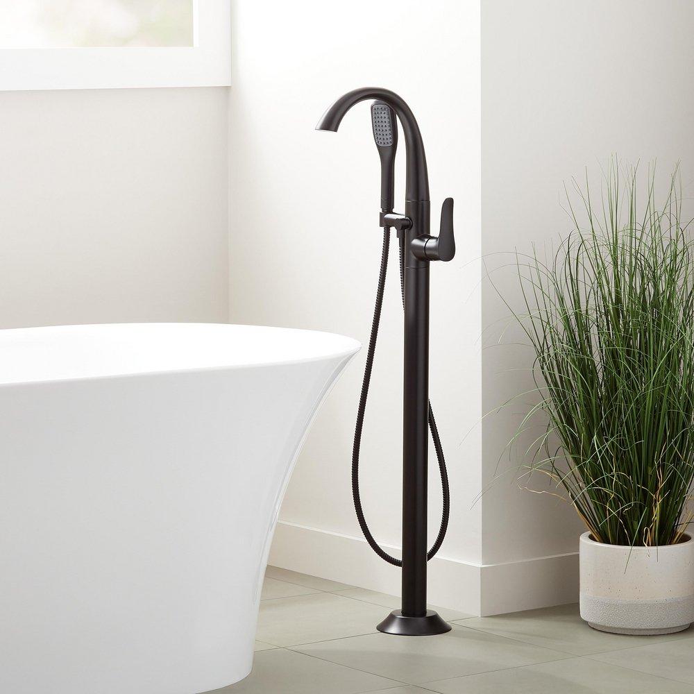 Signature Hardware Matte Black Floor Mount Tub Filler Faucet - Includes Hand Shower and Valve, Less Stops 