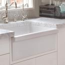 FARMHAUS FIRECLAY QUATRO ALCOVE REVERSIBLE SINK WITH A FLUTED FRONT APRON AND DECORATIVE 2 1/2 LIP ON ONE SIDE AND 2 LIP ON THE OPPOSITE SIDE 
