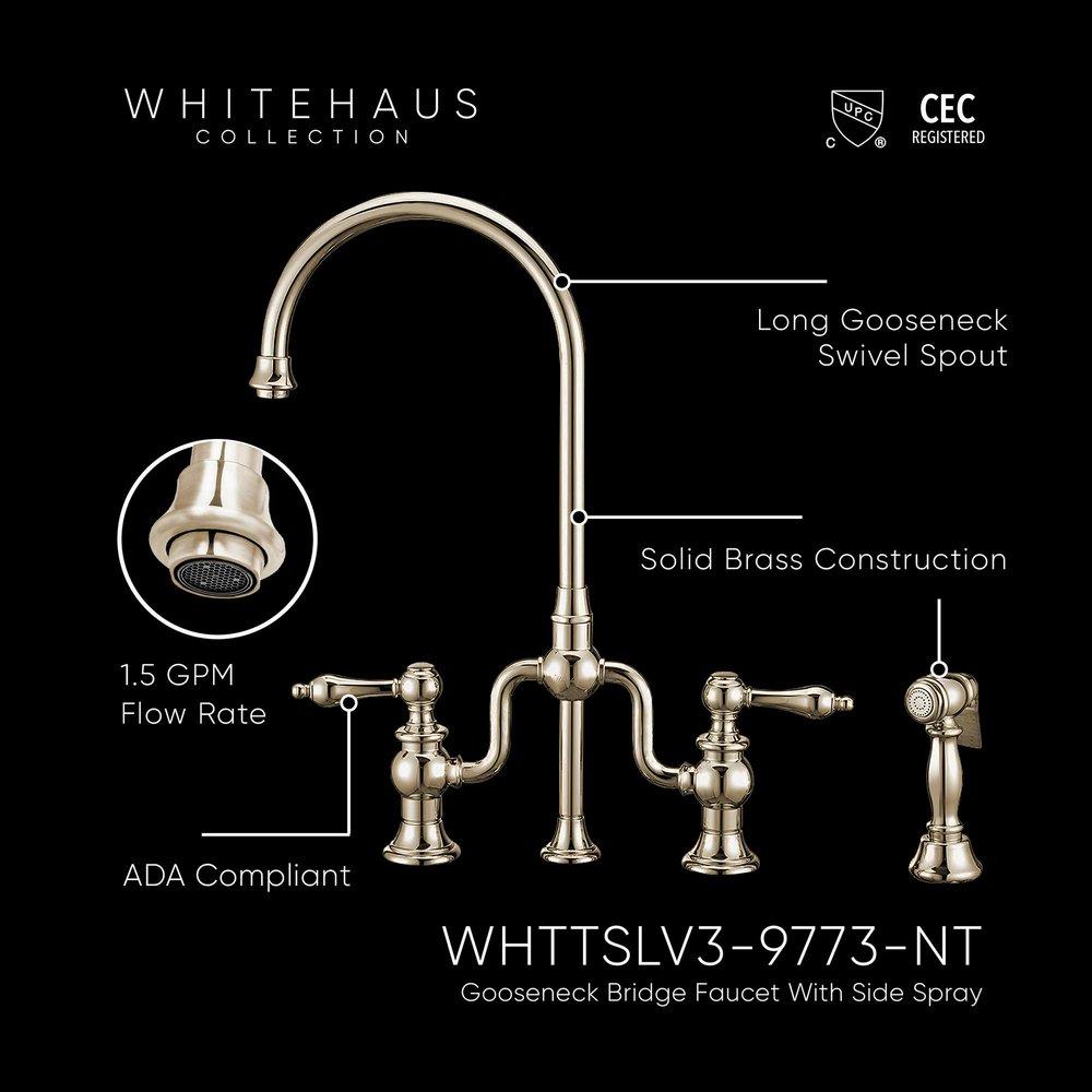 TWISTHAUS PLUS BRIDGE FAUCET WITH GOOSENECK SWIVEL SPOUT LEVER HANDLES AND SOLID BRASS SIDE SPRAY 