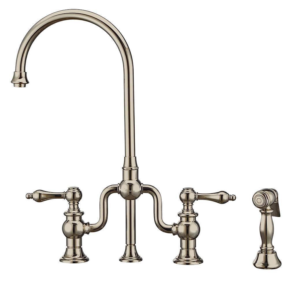 TWISTHAUS PLUS BRIDGE FAUCET WITH GOOSENECK SWIVEL SPOUT LEVER HANDLES AND SOLID BRASS SIDE SPRAY 