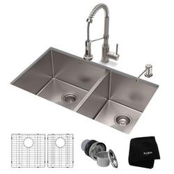 KRAUS 33-INCH 16 GAUGE DOUBLE BOWL 60/40 STANDART PRO KITCHEN SINK COMBO SET WITH BOLDEN KITCHEN FAUCET AND SOAP DISPENSER STAINLESS STEEL FINISH