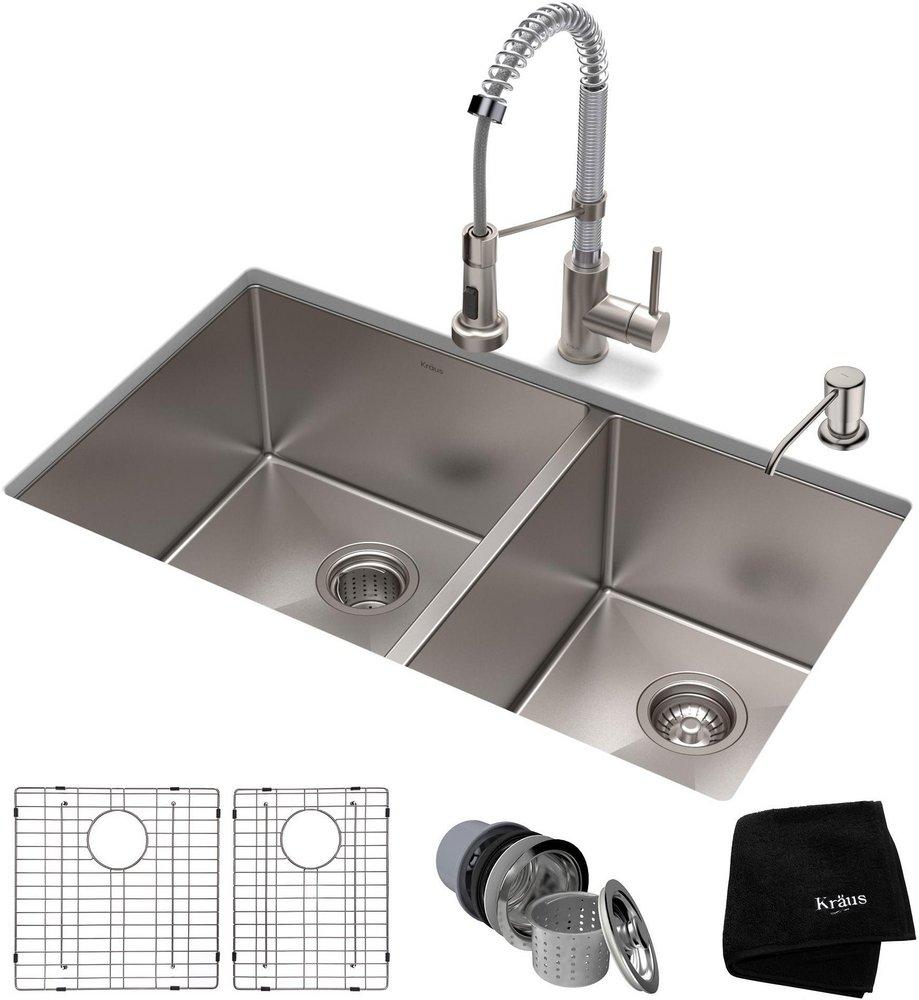 KRAUS 33-INCH 16 GAUGE DOUBLE BOWL 60/40 STANDART PRO KITCHEN SINK COMBO SET WITH BOLDEN 18-INCH KITCHEN FAUCET AND SOAP DISPENSER STAINLESS STEEL CHROME FINISH 